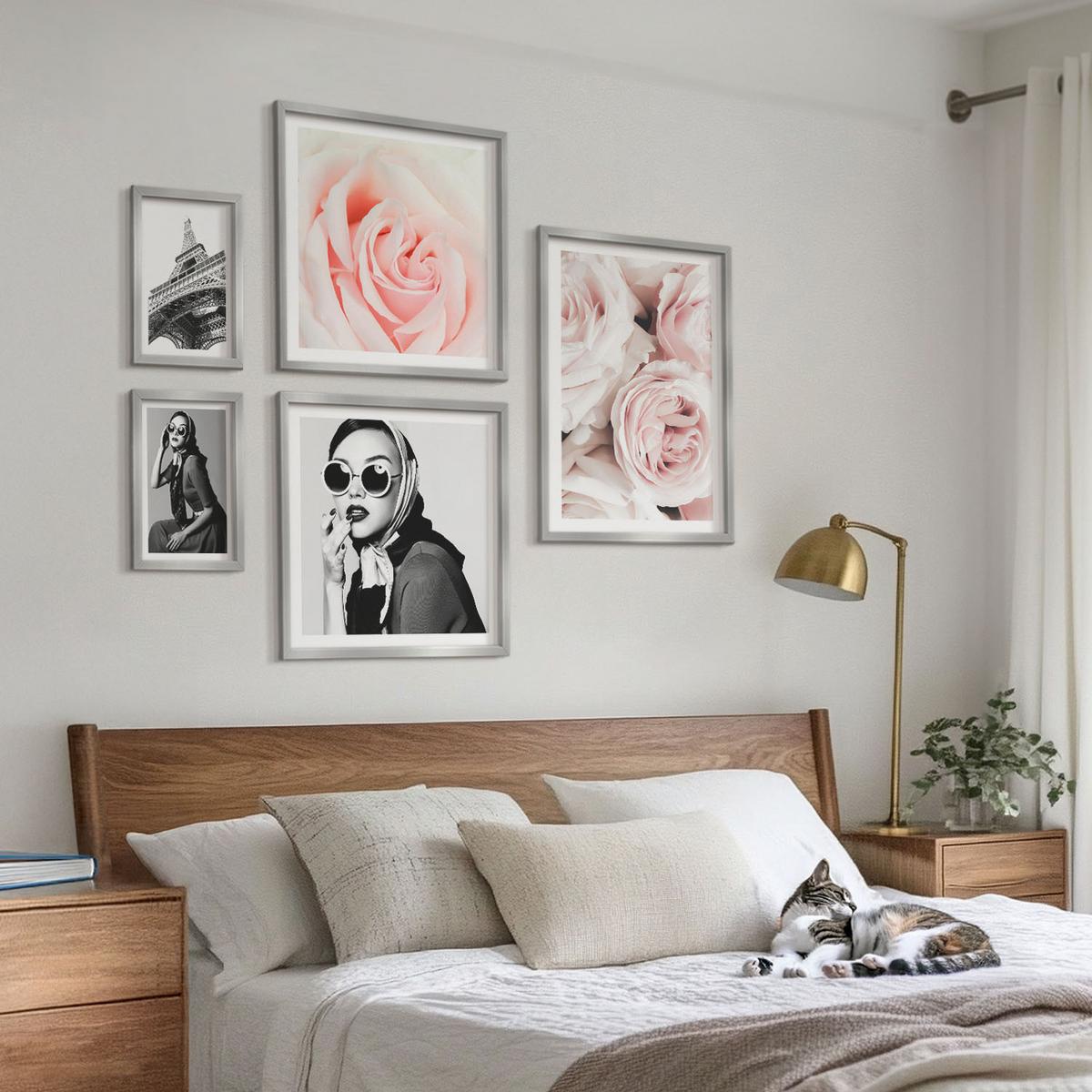 BILDER SET 5er Set - 50x50 cm & 20x30 cm & 40x60 cm Silberner Rahmen - Blumen, Pfingstrosen, Rosen, Eleganz - Silberfarben, Kunststoff (40/60cm) - TULUP