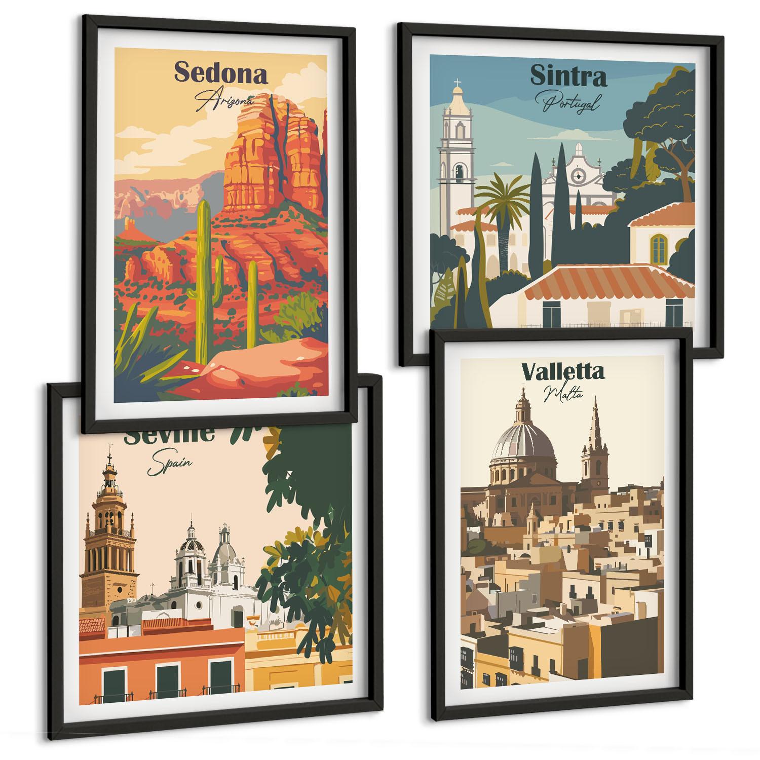 BILDER SET 4er Set - 50x50 cm & 40x60 cm Schwarzer Rahmen - Retro-Stadtansichten Sedona Sintra - Schwarz, Kunststoff (50/50cm) - TULUP