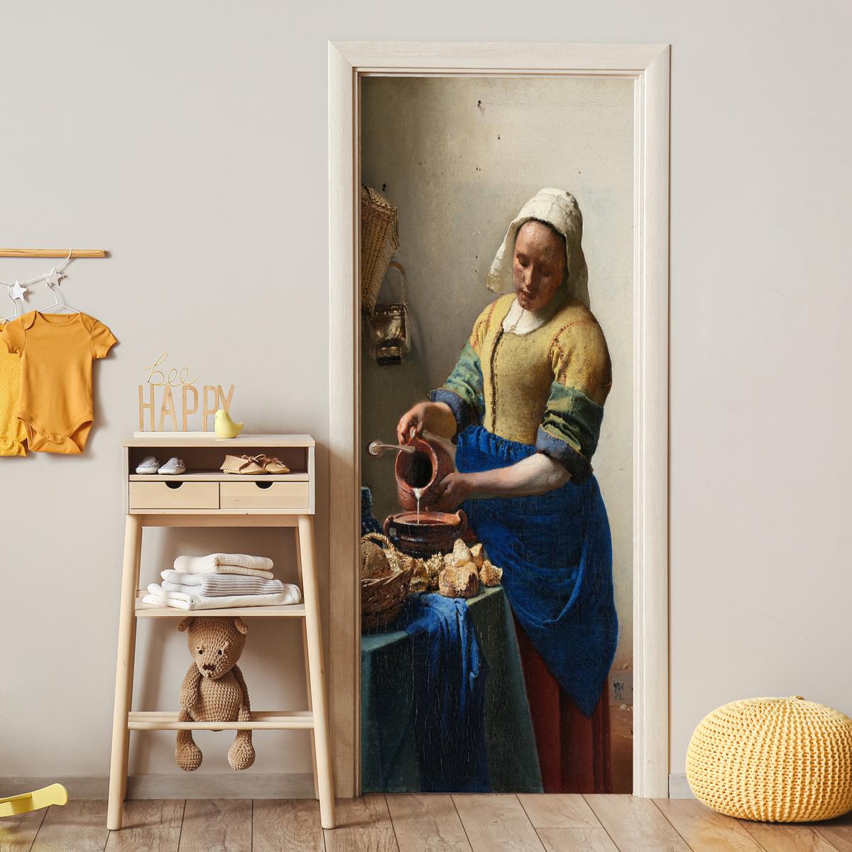 TÜRAUFKLEBER Das Milchmädchen - Johannes Vermeer 90x235 cm - Türtapete - Dunkelblau, Kunststoff (90/0.1cm) - MuchoWow