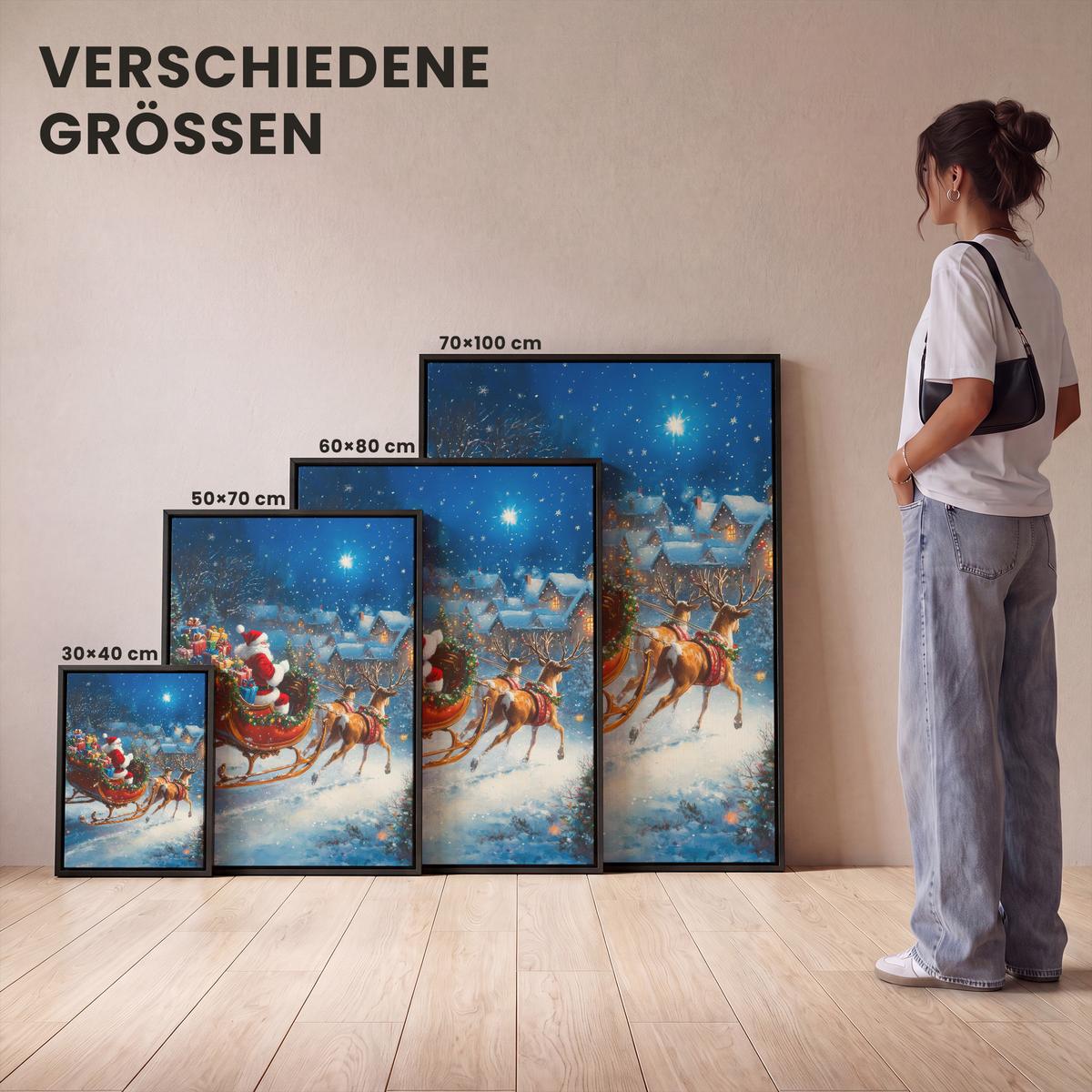 LEINWAND Bilder mit Rahmen - Weihnachtsmann - Rentier - Weihnachten - Schnee - 60x80 - Cognac, Textil (60/80cm) - MuchoWow