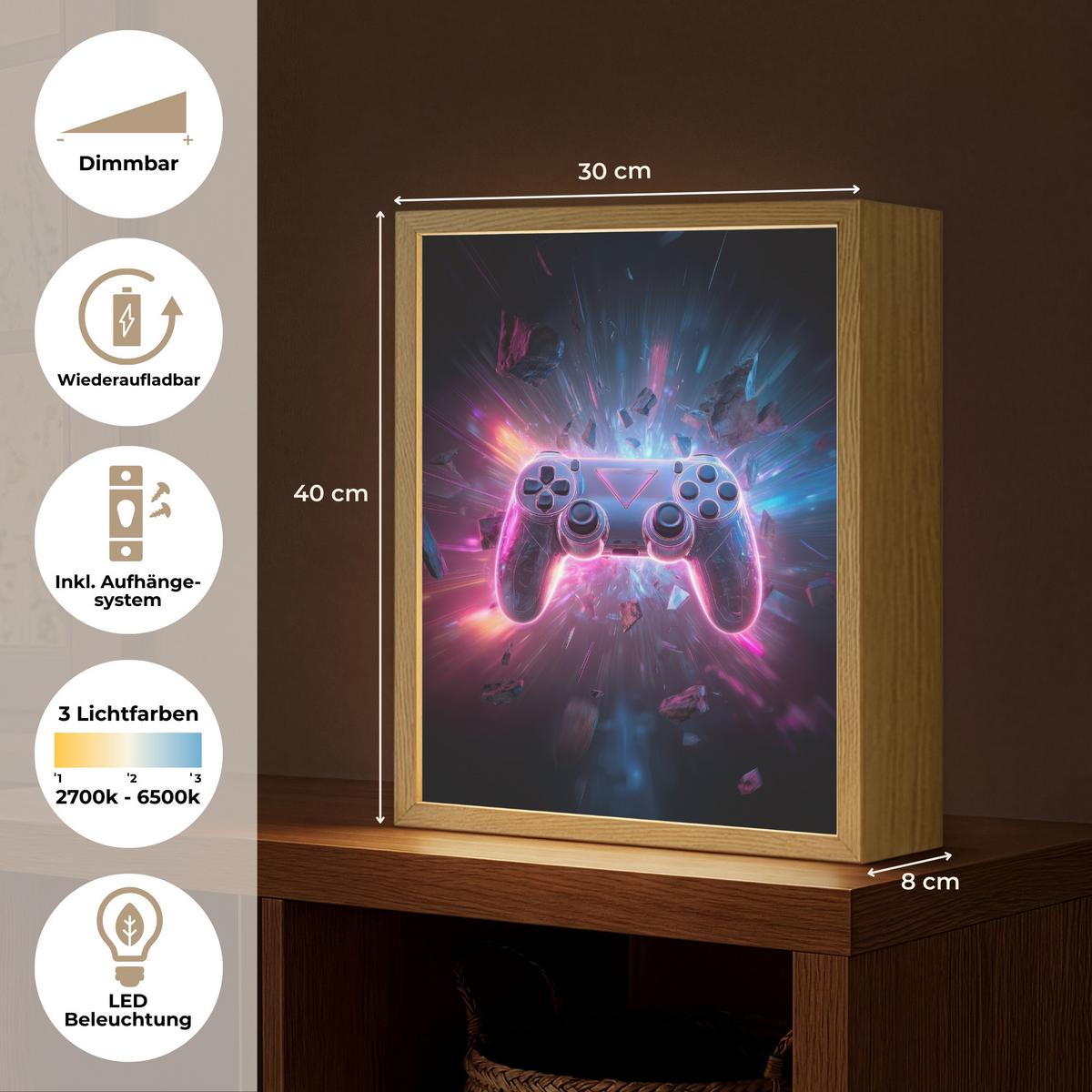 NACHTTISCHLAMPE MIT AKKU Controller - Neon - Explosion - Abstrakt 30x40 cm - Violett, Holzwerkstoff (8/30/40cm) - OnlyWow