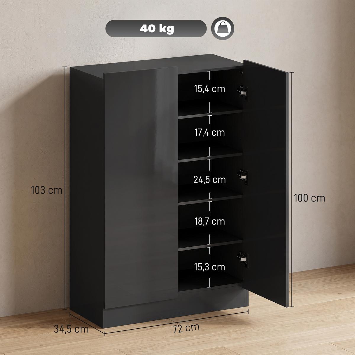 SCHUHSCHRANK Spanplatte MDF Schwarz - Schwarz Hochglanz/Schwarz, Holzwerkstoff (34/103/72cm) - HOMCOM