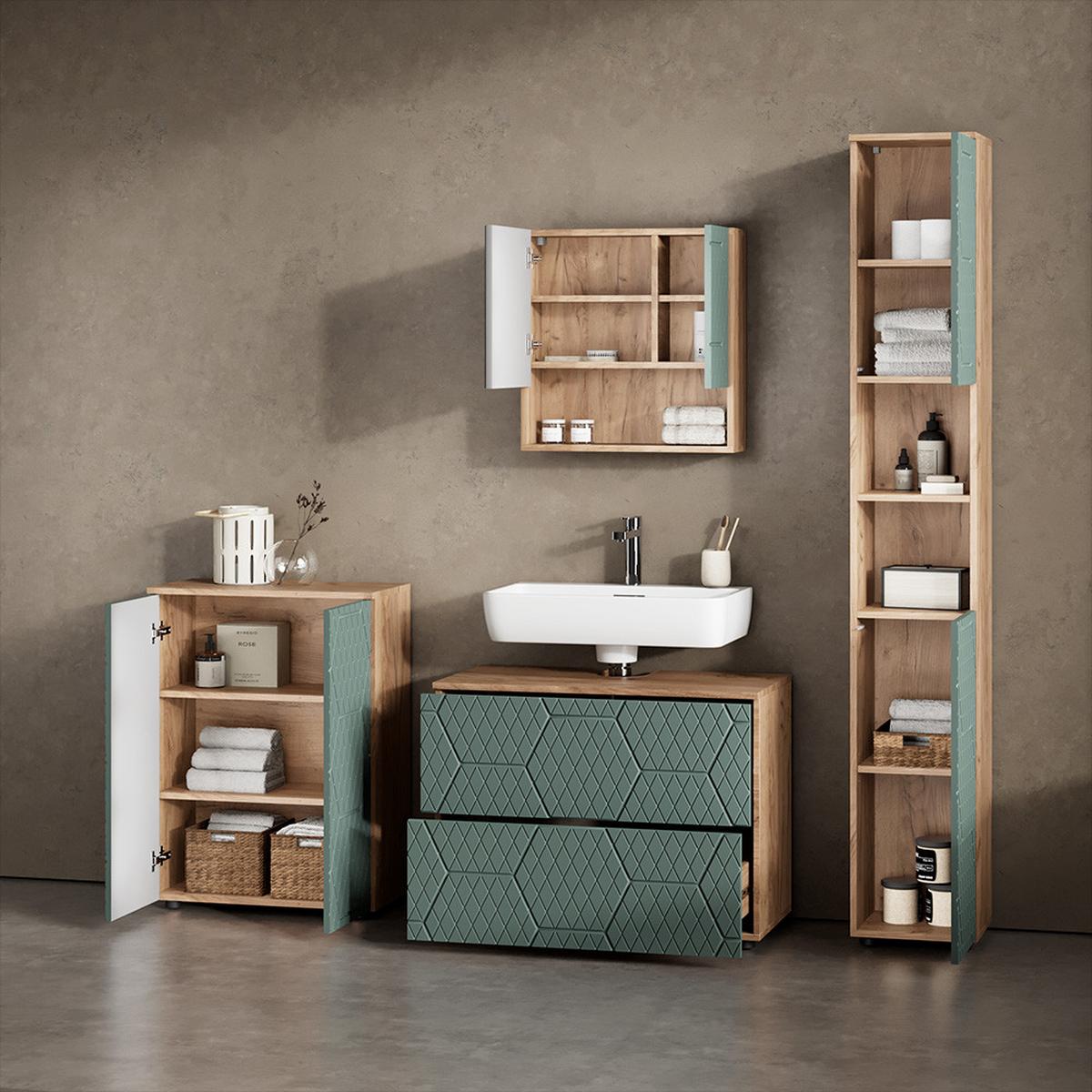 BADMÖBEL-SET Ronco Grün/Goldkraft Eiche 4 Teile, mit Schubladenschrank und Midischrank - Honigeiche/Grün, Holzwerkstoff (80/58/41cm) - Livinity®