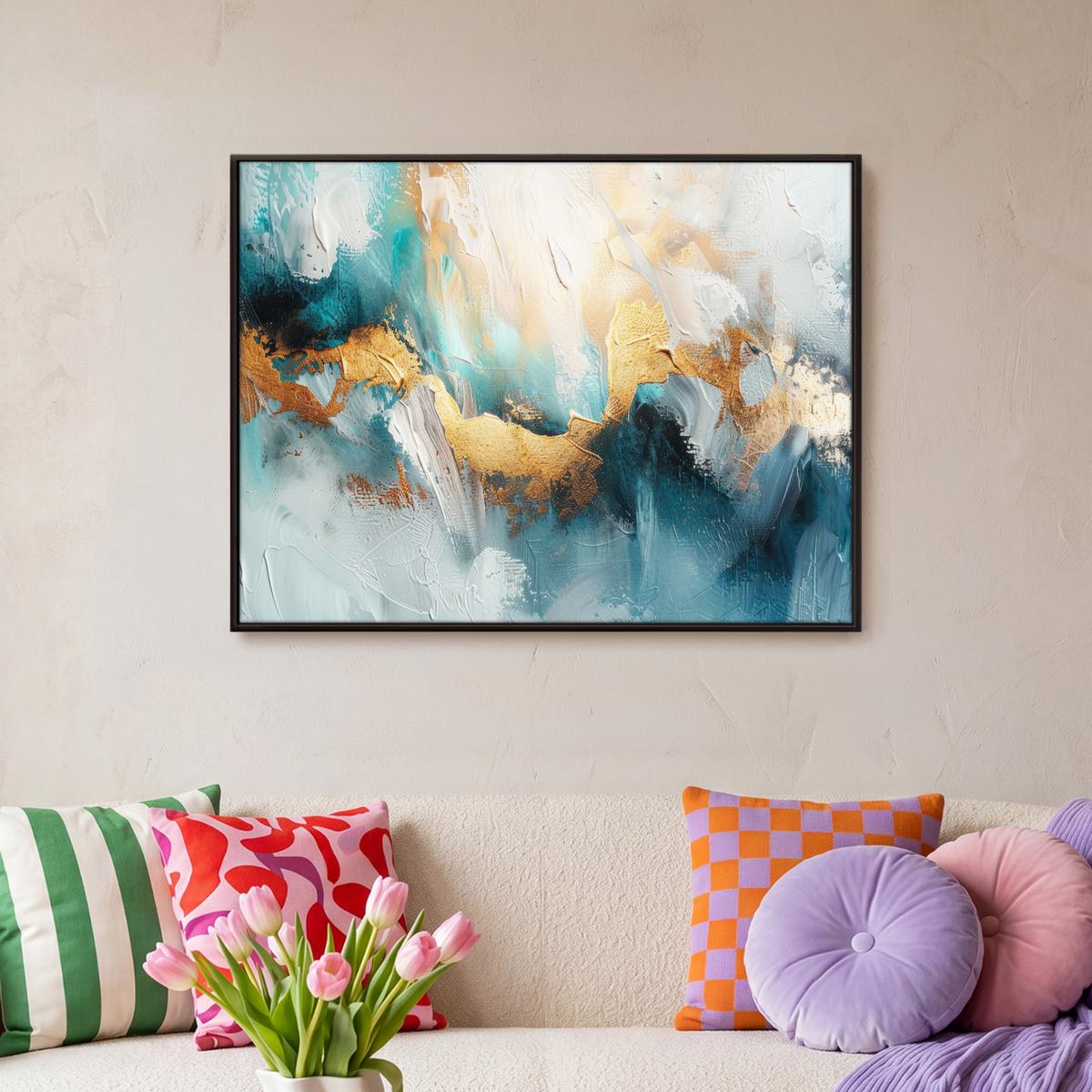 LEINWAND Bilder mit Rahmen - Abstrakt - Kunst - Gold - Blau - 80x60 - Petrol, Textil (80/60cm) - MuchoWow