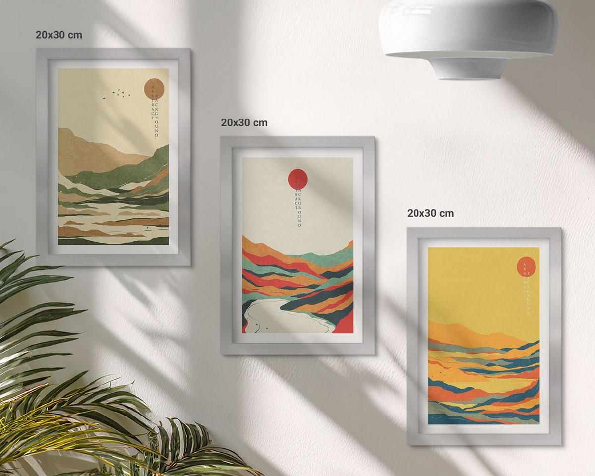 BILDER SET 3er Set - 20x30 cm Silberner Rahmen - Farbenfrohe Muster der Japandi-Flussberge - Silberfarben, Kunststoff (20/30cm) - TULUP