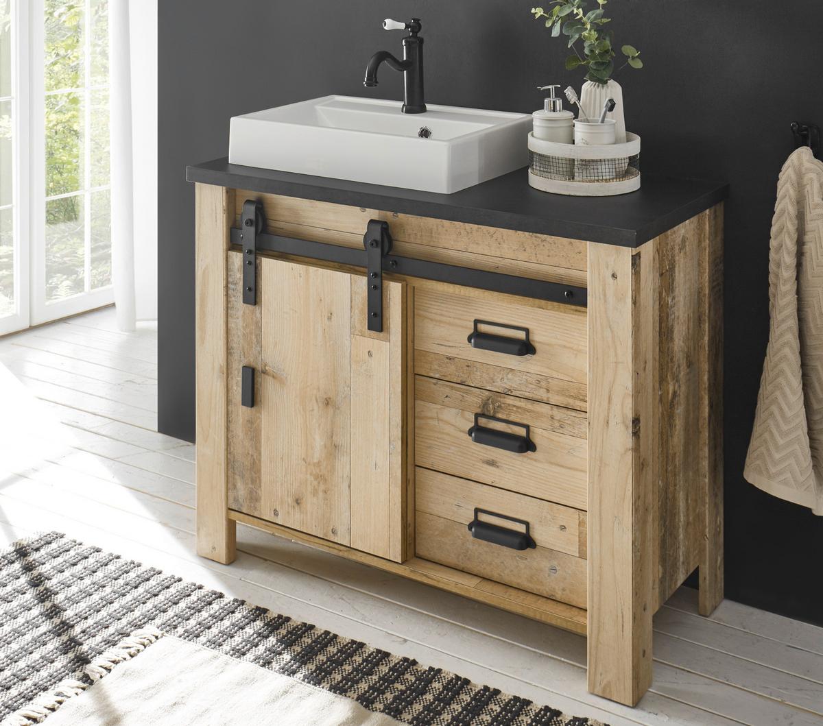 WASCHBECKENUNTERSCHRANK Used Wood Anthrazit, Waschtisch 95 cm inkl. Waschbecken, Soft-Close - Eichefarben/Anthrazit, Holzwerkstoff/Metall (95/81/43cm) - Furn.Design