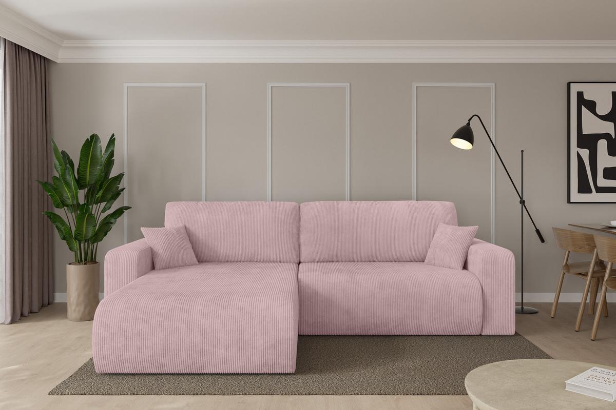 ECKSOFA mit Schlaffunktion Ottomane Links BERY-L 276x193x88 Rosa Cord - Schwarz/Rosa, Holzwerkstoff/Kunststoff (276/193cm) - ALTDECOR