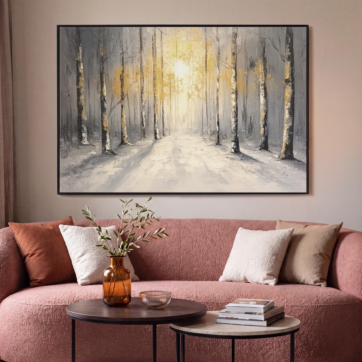 LEINWAND Bilder mit Rahmen - Winter - Abstrakt - Schnee - Natur - Sonne - 140x90 - Grau, Textil (140/90cm) - MuchoWow