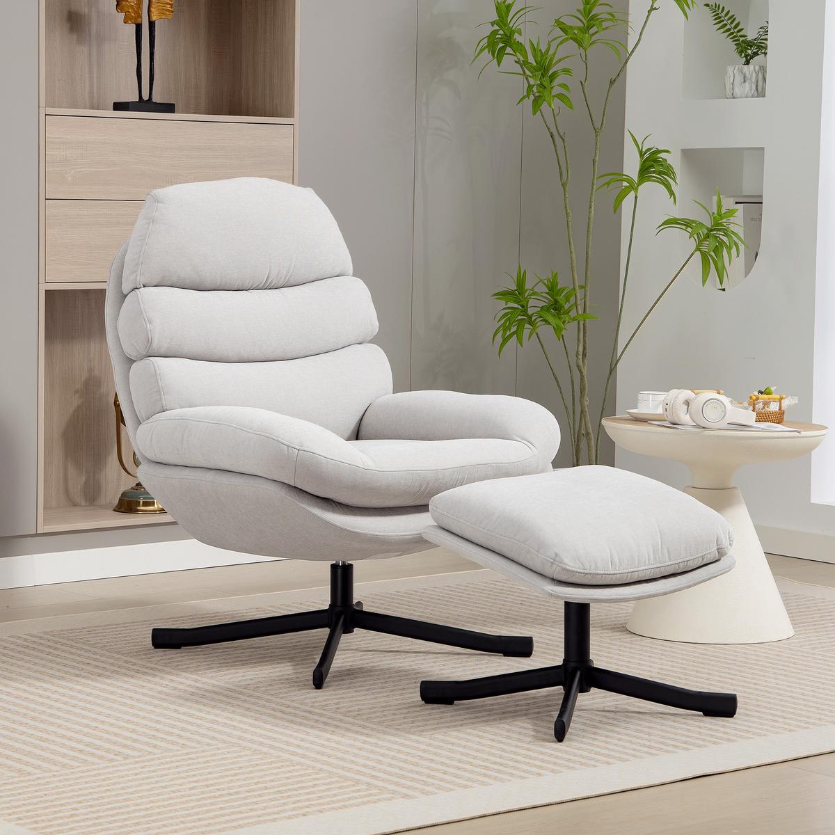 RELAXSESSEL mit Hocker Sessel Loungesessel mit Chenille-Optik Cremeweiß - Blau/Creme, Textil/Metall (78/100/93cm) - HOMCOM