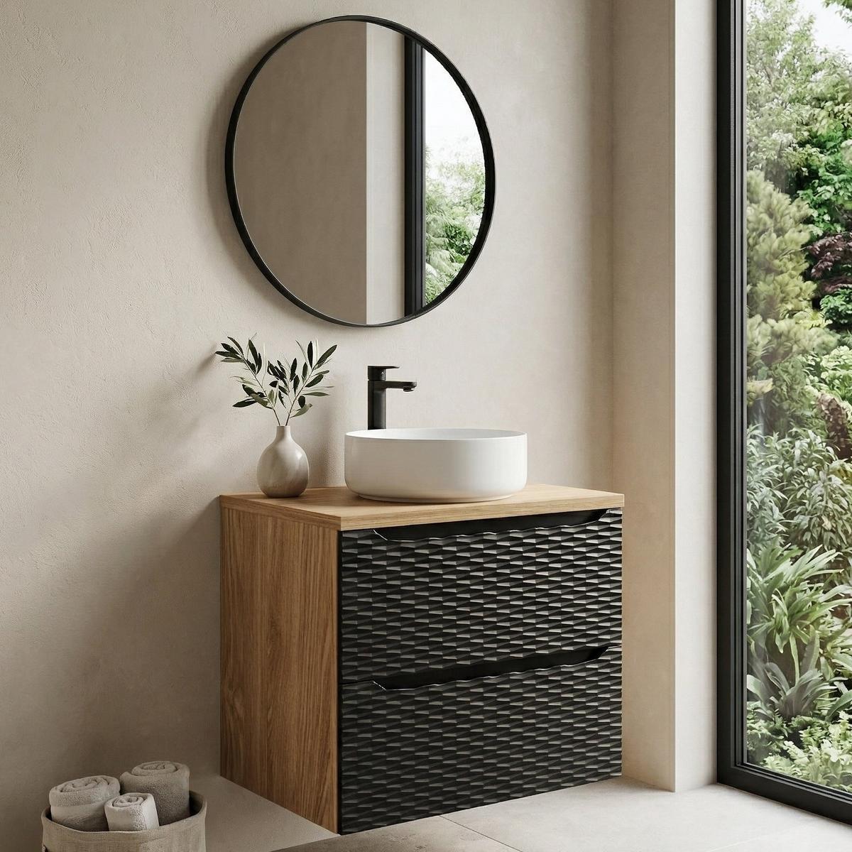 WASCHBECKENUNTERSCHRANK Ocean 2 Schubladen Schwarz Matt mit Eiche - 60 x 46 x 59 cm - Eichefarben/Schwarz, Holz (60/59/46cm) - Badplaats