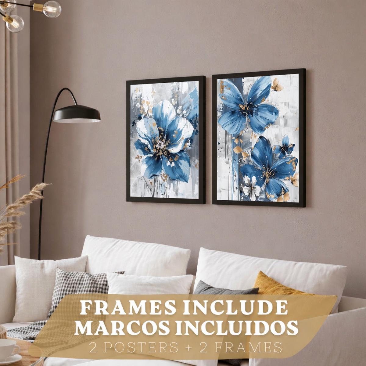 POSTER 2er-Set Wandbilder Blumen Blau Braun modern Wohnzimmer Deko, Schlafzimmer, Küche, Badezimmer Schwarzer Rahmen A4 - Schwarz, Papier (29.7/1/21cm) - Nacnic