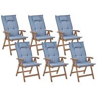 GARTENSTUHL 6er-Set Akazienholz Dunkelbraun Auflagen Blau Amantea - Blau/Dunkelbraun, Holz (54/105/69cm) - Beliani