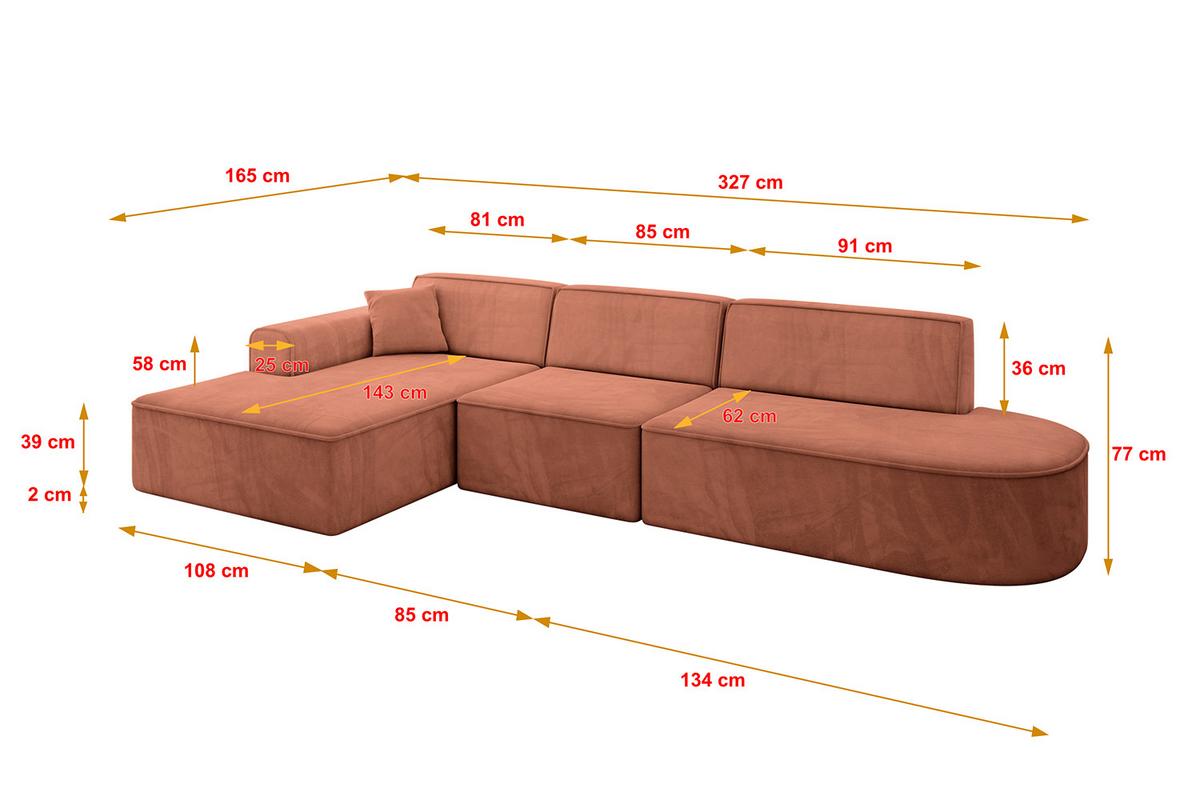 ECKSOFA Ottomane Links IREA-L2-v3 - 327x165x77 cm Apricot - Koralle, Holzwerkstoff/Textil (327/165cm) - ALTDECOR