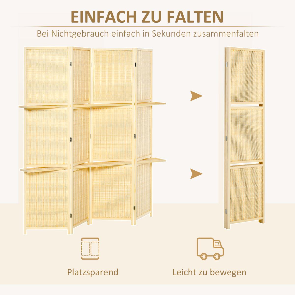 PARAVENT 4-teilig 180 x 180 cm mit Ablage Natur - Naturfarben, Holz (1.9/180/180cm) - HOMCOM