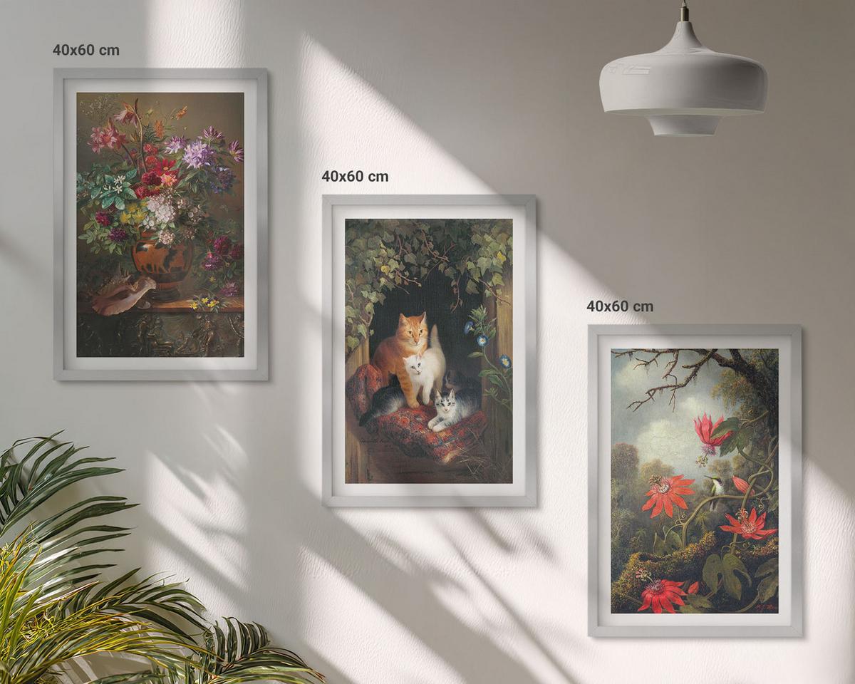 BILDER SET 3er Set - 40x60 cm Silberner Rahmen - Vintage-Blumen, Katzen, Natur - Silberfarben, Kunststoff (40/60cm) - TULUP