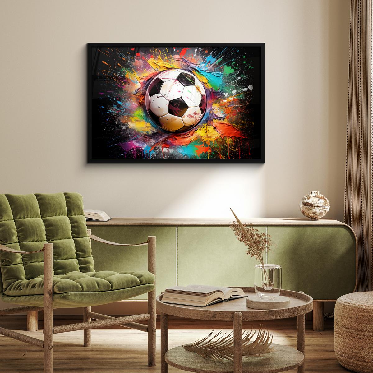 POSTER MIT RAHMENGERAHMTES BILD Fußball - Farbe - Farben - Schwarz - Weiß 90x60 cm - Weiß, Papier (90/60cm) - MuchoWow