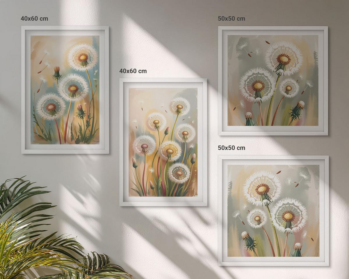 BILDER SET 4er Set - 50x50 cm & 40x60 cm Weißer Rahmen - Löwenzahnblüten, pastellfarbene Gräser - Weiß, Kunststoff (50/50cm) - TULUP