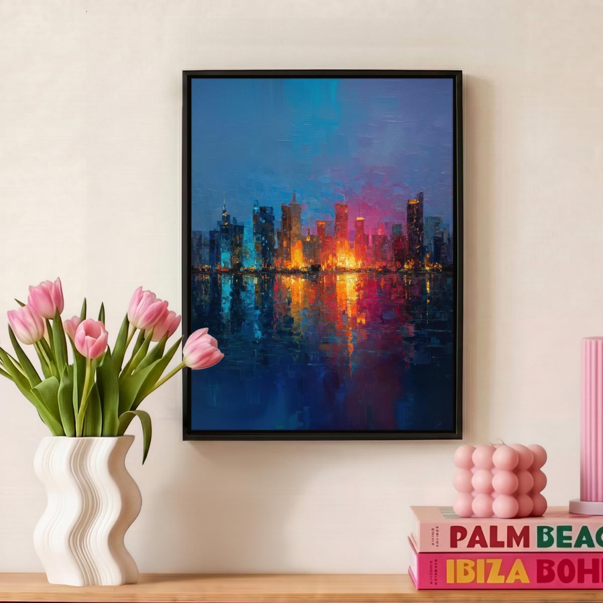 LEINWAND Bilder mit Rahmen - Skyline - Pinselstriche - Dunkelblau - Leuchtend - 30x40 - Blau, Textil (30/40cm) - MuchoWow