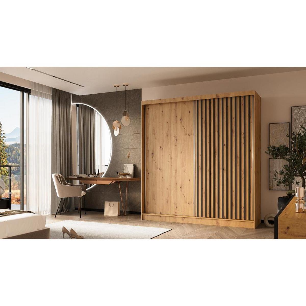 SCHWEBETÜRENSCHRANK Helios II 200/216/61 eiche Artisan+schwarz mit Schubladen - Schwarz/Eiche Artisan, Holzwerkstoff (200/216/61cm) - Beautysofa