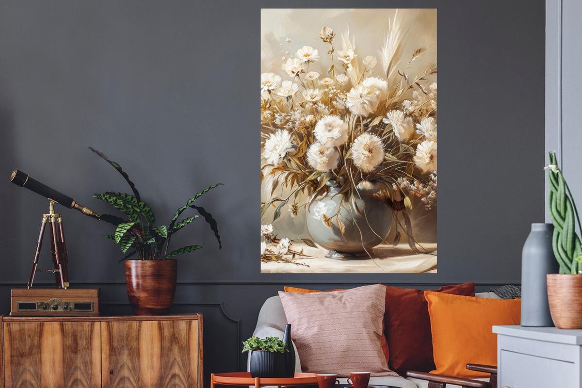 WANDTATTOO Blumen - Vase - Stilleben - Beige Wandaufkleber 80x120 cm - Creme, Kunststoff (80/120/0.1cm) - MuchoWow