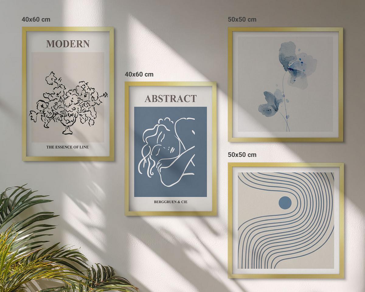 BILDER SET 4er Set - 50x50 cm & 40x60 cm Goldrahmen - abstrakte Poster mit Blumenlinien - Goldfarben, Kunststoff (50/50cm) - TULUP