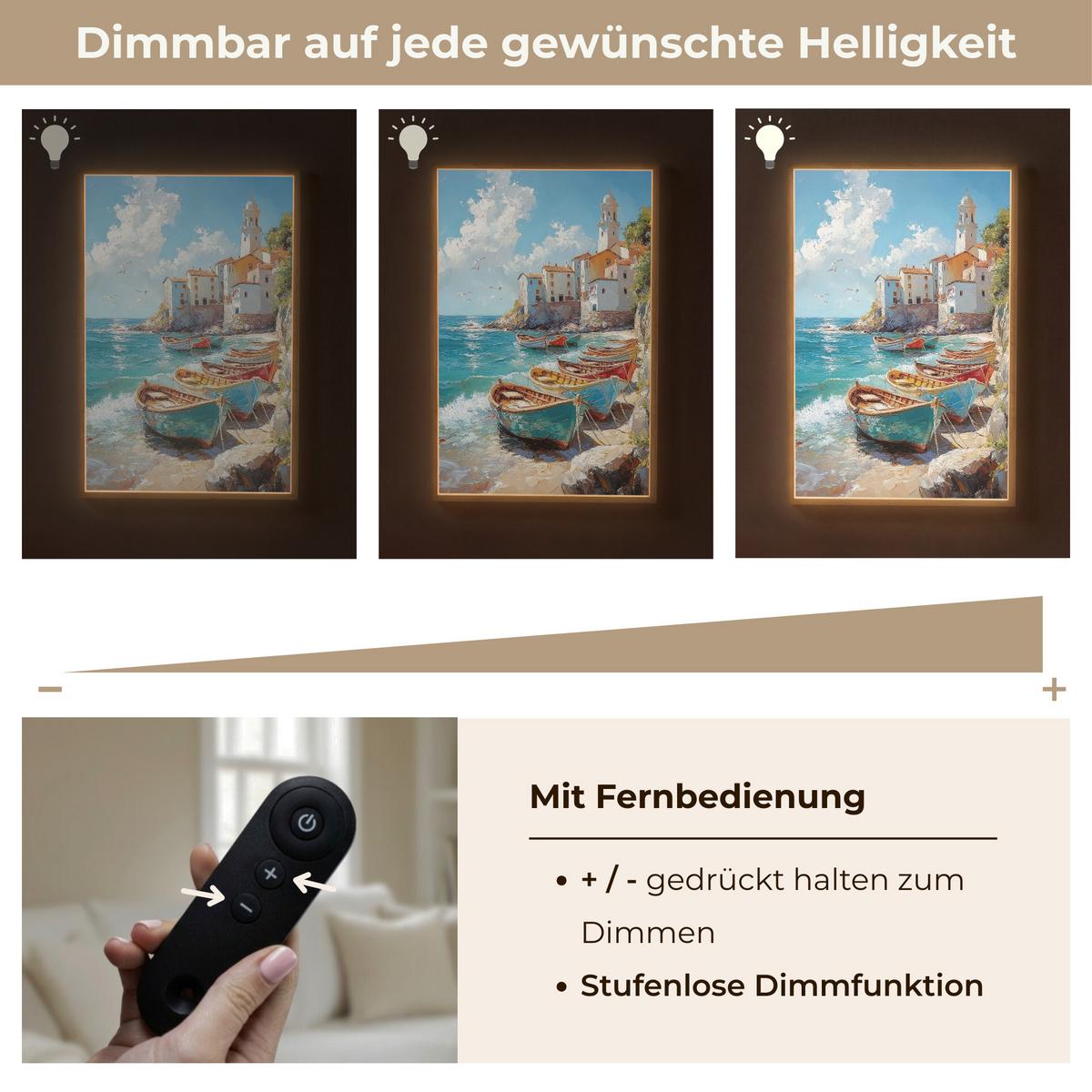 WANDLEUCHTE MIT AKKU Boote - Felsen - Meer - Sonne 70x100 cm - Blau, Holzwerkstoff (70/100/8cm) - OnlyWow
