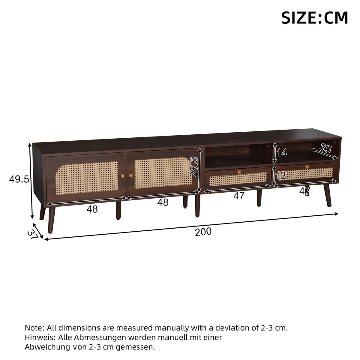 LOWBOARD Retro Rattan-Design, 200/37/49.5cm - Walnussfarben, Holzwerkstoff (200/50/37cm) - Urban Meuble