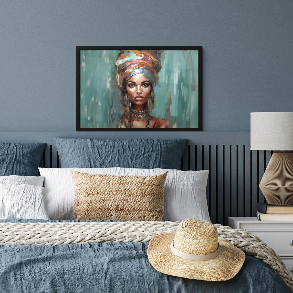 POSTER MIT RAHMENGERAHMTES BILD Frau - Kunst - Schmuck - Porträt 60x40 cm - Blaugrau, Papier (60/40cm) - MuchoWow
