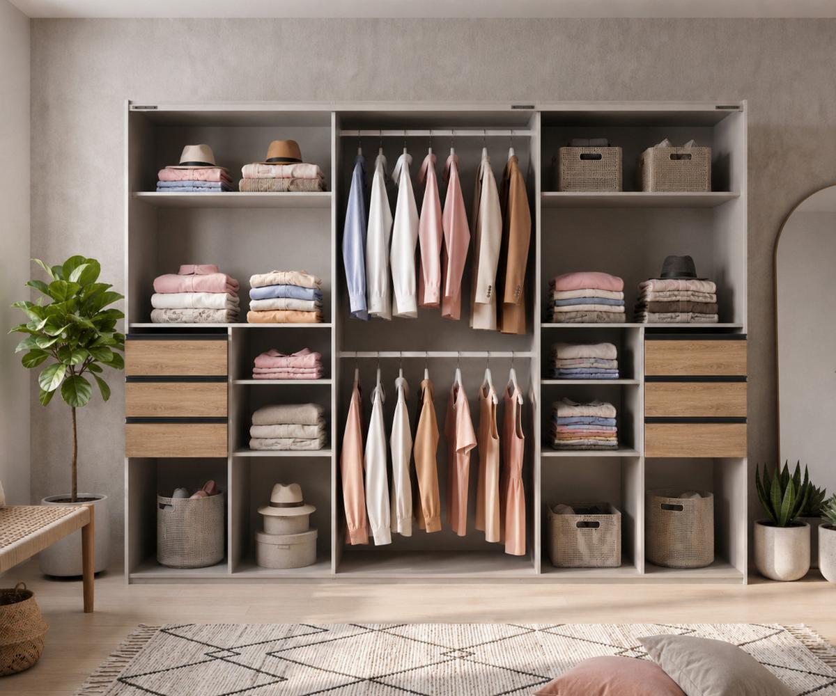 SCHWEBETÜRENSCHRANK 3-türig B273/H213/T64 cm, Eiche Dekor/Spiegel, Passepartout-Kleiderschrank mit Schubladen & Vollausstattung / 22618 - Eichefarben/Schwarz, Holzwerkstoff/Metall (273/213/64cm) - luma-home