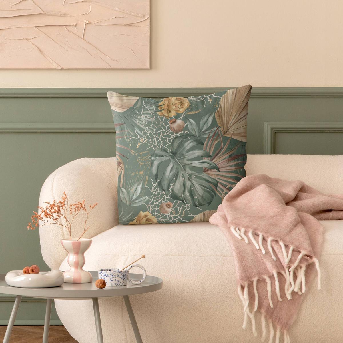 KISSENBEZUG Große Blätter mit Rosen vor Grün 50/50 cm - Grün, Textil (50/50cm) - Bilderwelten