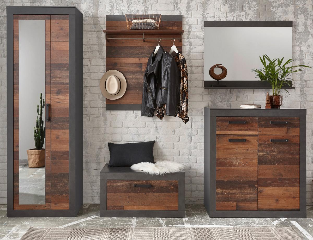 GARDEROBENSCHRANK Used Wood, Matera grau, großer Schuhschrank mit Spiegel - Schwarz/Naturfarben, Glas/Holzwerkstoff (65/201/42cm) - Furn.Design