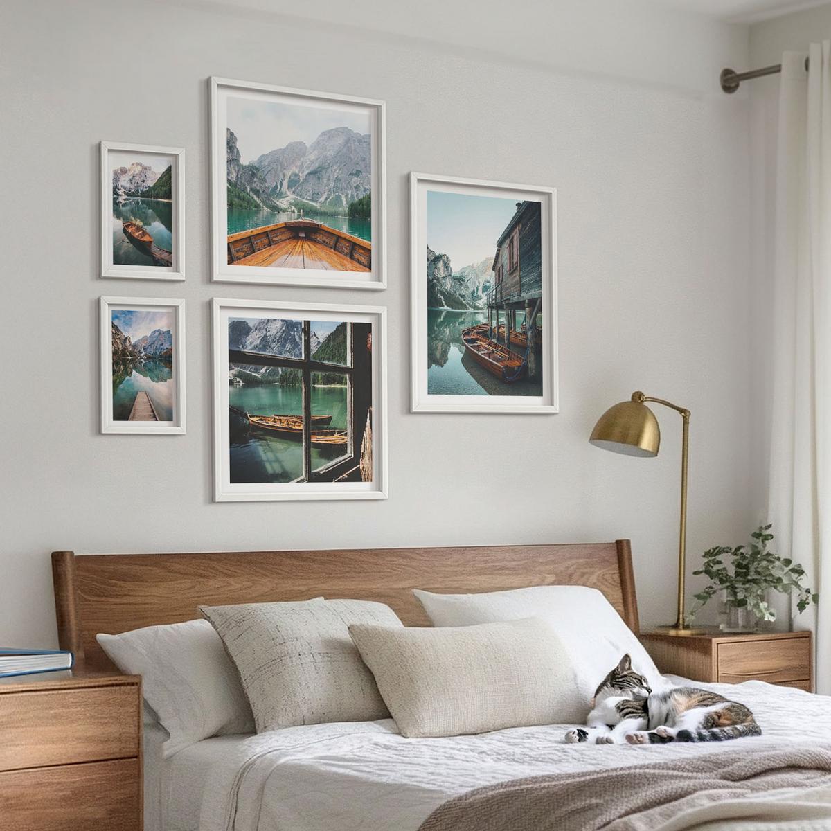 BILDER SET 5er Set - 50x50 cm & 20x30 cm & 40x60 cm Weißer Rahmen - Haus am Bergsee Łódź - Weiß, Kunststoff (40/60cm) - TULUP