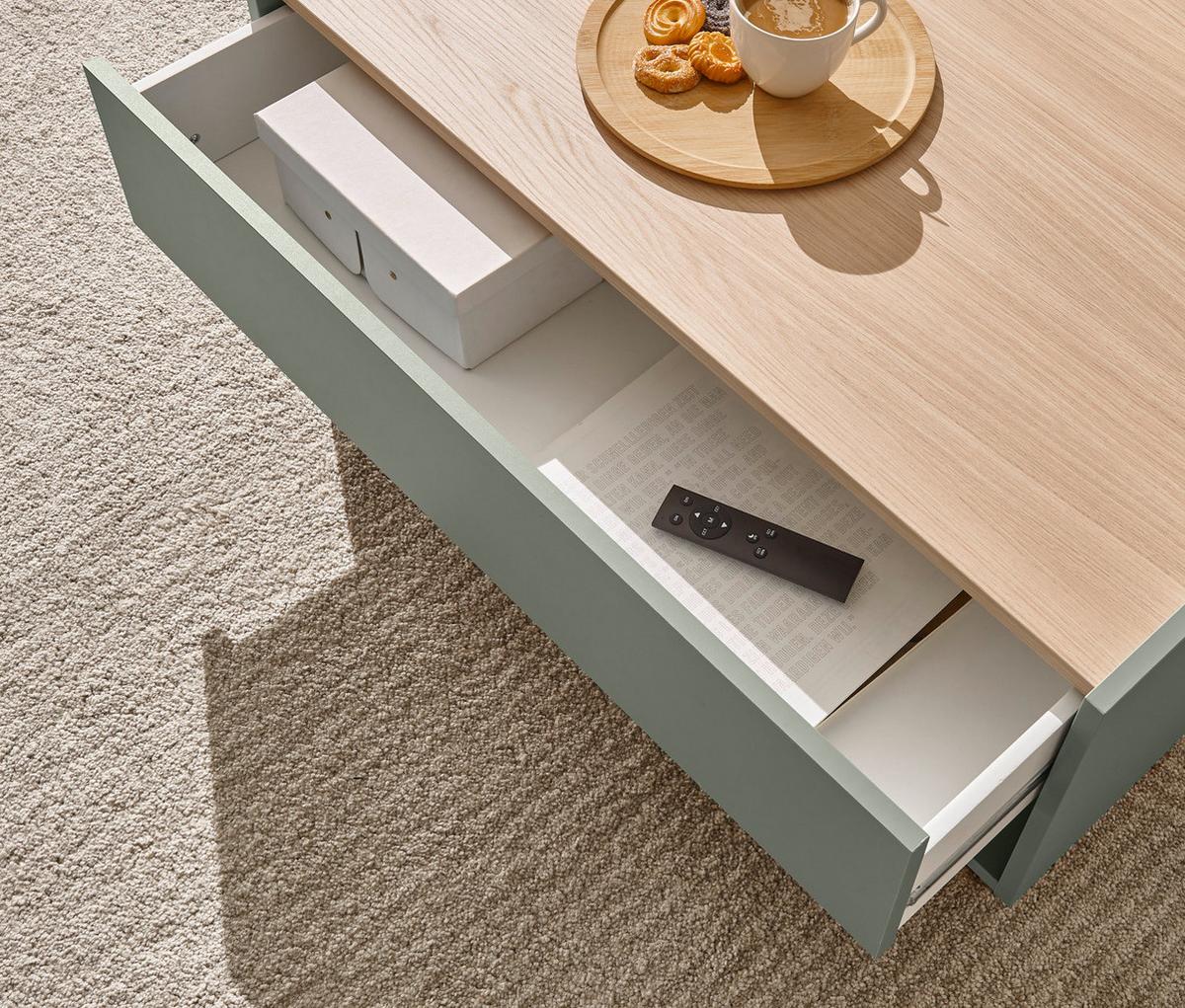 COUCHTISCH in Salbei Grün und Eiche, Wohnzimmertisch mit Schubkasten, 90 x 60 cm - Salbeigrün/Eichefarben, Holz/Holzwerkstoff (60/90/38cm) - Furn.Design