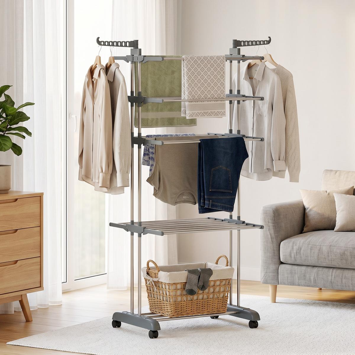 WÄSCHESTÄNDER Plastic Stahl Grau - Grau, Kunststoff/Metall (64/172/73cm) - HOMCOM