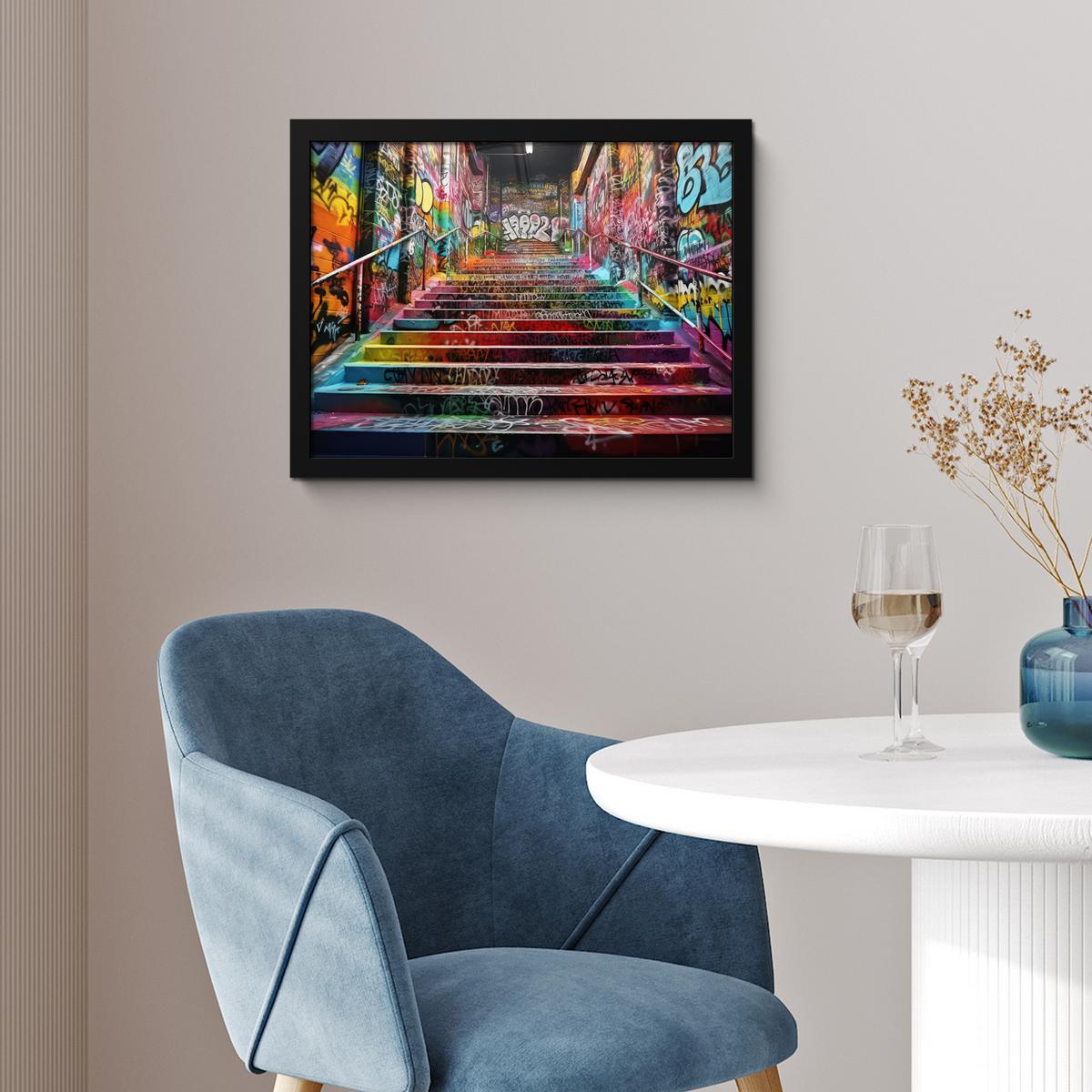 POSTER MIT RAHMENGERAHMTES BILD Treppe - Graffiti - Farben - Kunst 40x30 cm - Multicolor, Papier (40/30cm) - MuchoWow