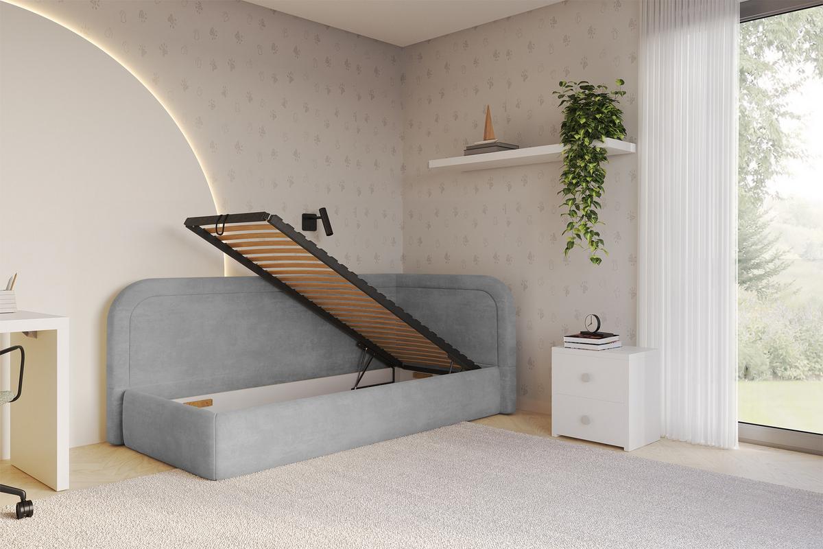 EINZELLBETT Jugendbett mit Bettkasten und Matratze H3/H4, Links - JOVY 80x200 Grau - Hellgrau, Holzwerkstoff/Textil (80/200cm) - ALTDECOR