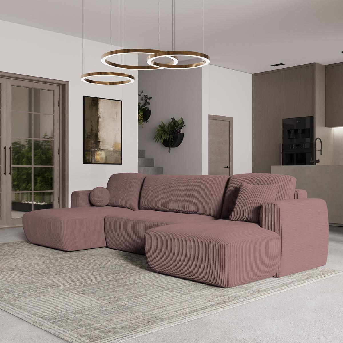WOHNLANDSCHAFT SENTUM P Lila Kordstoff mit Schlaffunktion - Lila/Schwarz, Holz/Kunststoff (330/90/148cm) - MASSENO