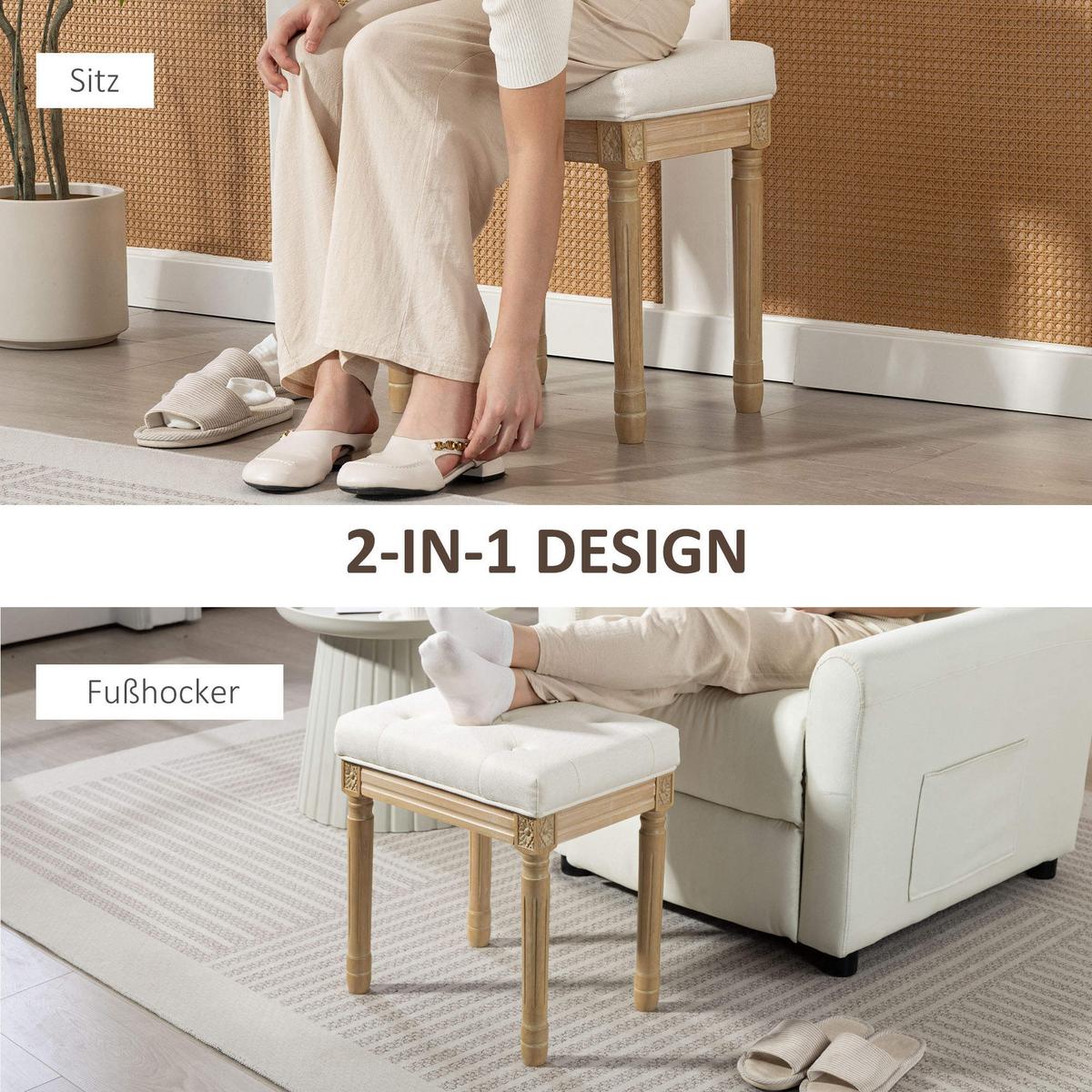 SITZHOCKER Polyester Gummiholz Beige - Beige/Naturfarben, Textil (32/46.5/42cm) - HOMCOM