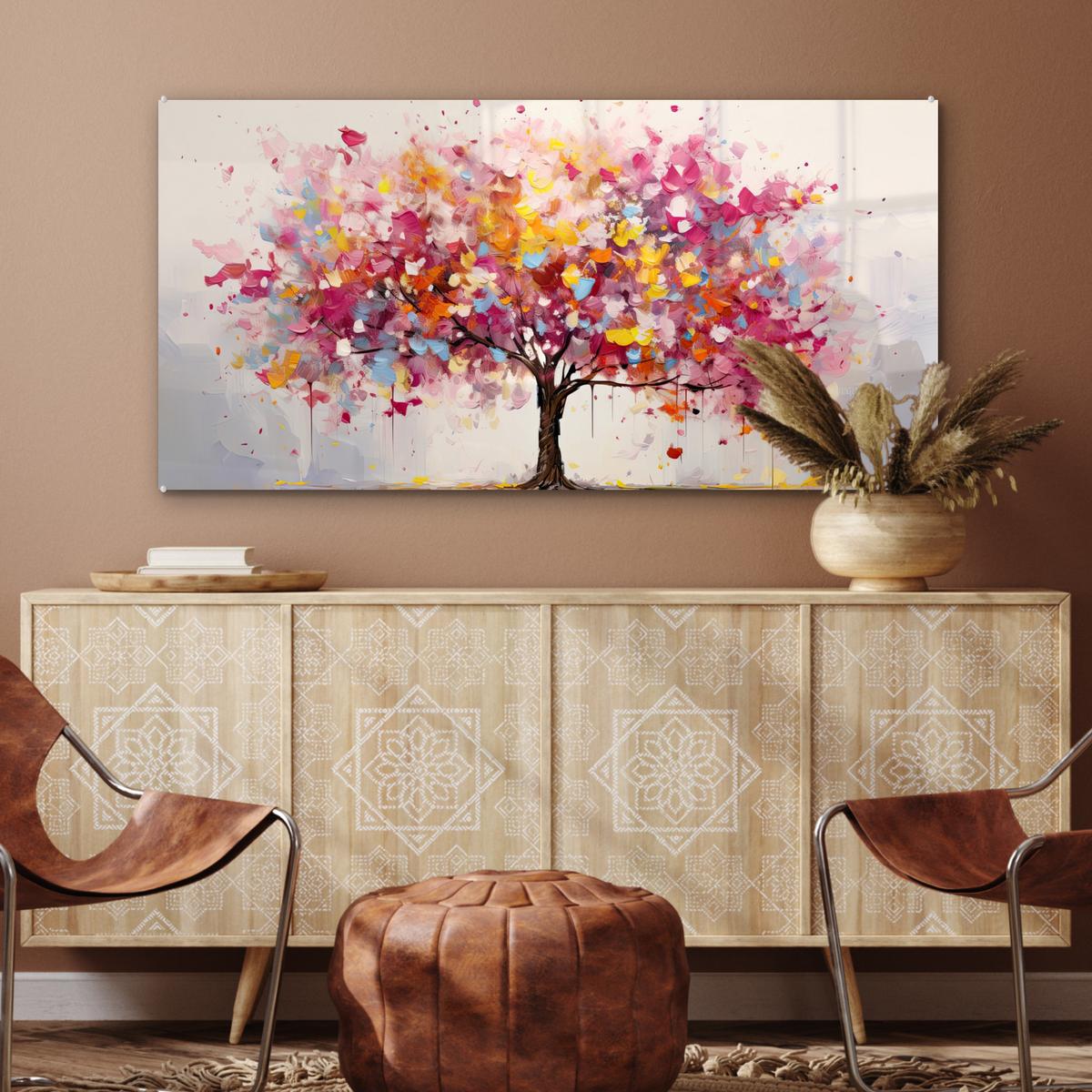 ACRYLGLASBILD Aquarell - Baum - Kunst - Abstrakt 120x60 cm - Multicolor, Glas (120/60cm) - MuchoWow
