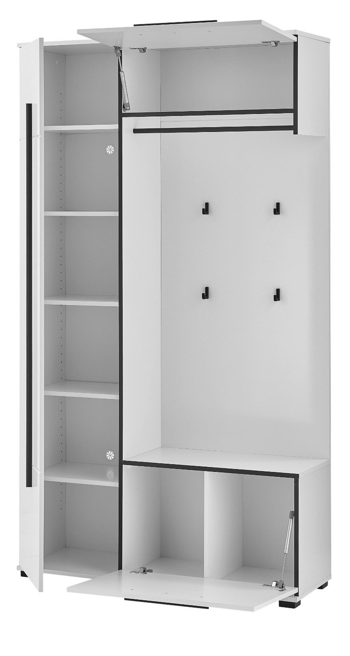 KOMPAKTGARDEROBE weiß Hochglanz 111 x 200 cm, Garderobe mit Soft-Close - Weiß Hochglanz/Schwarz, Holzwerkstoff/Kunststoff (111/200/37cm) - Furn.Design