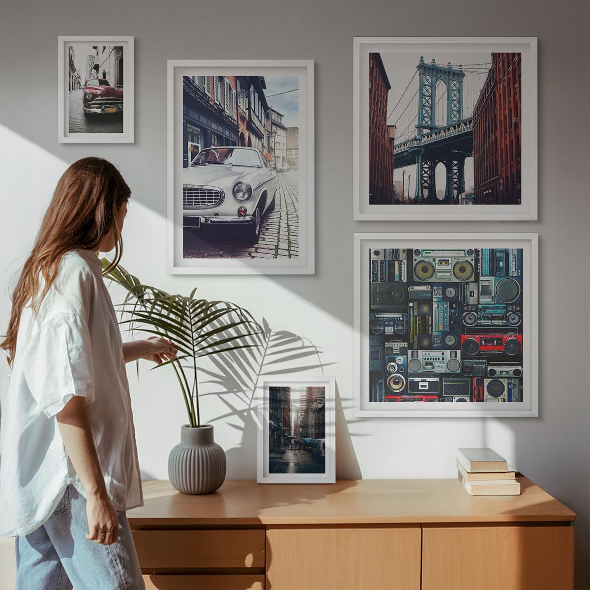 BILDER SET 5er Set - 50x50 cm & 20x30 cm & 40x60 cm Weißer Rahmen - Old Cars Brooklyn Retro-Audio - Weiß, Kunststoff (40/60cm) - TULUP