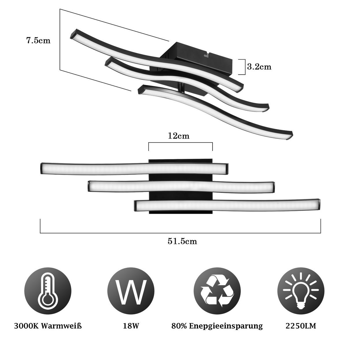 LED DECKENLEUCHTE Asteria 51.5/12/7.5 cm - Schwarz, Kunststoff (51.5/12/7.5cm) - ZMH