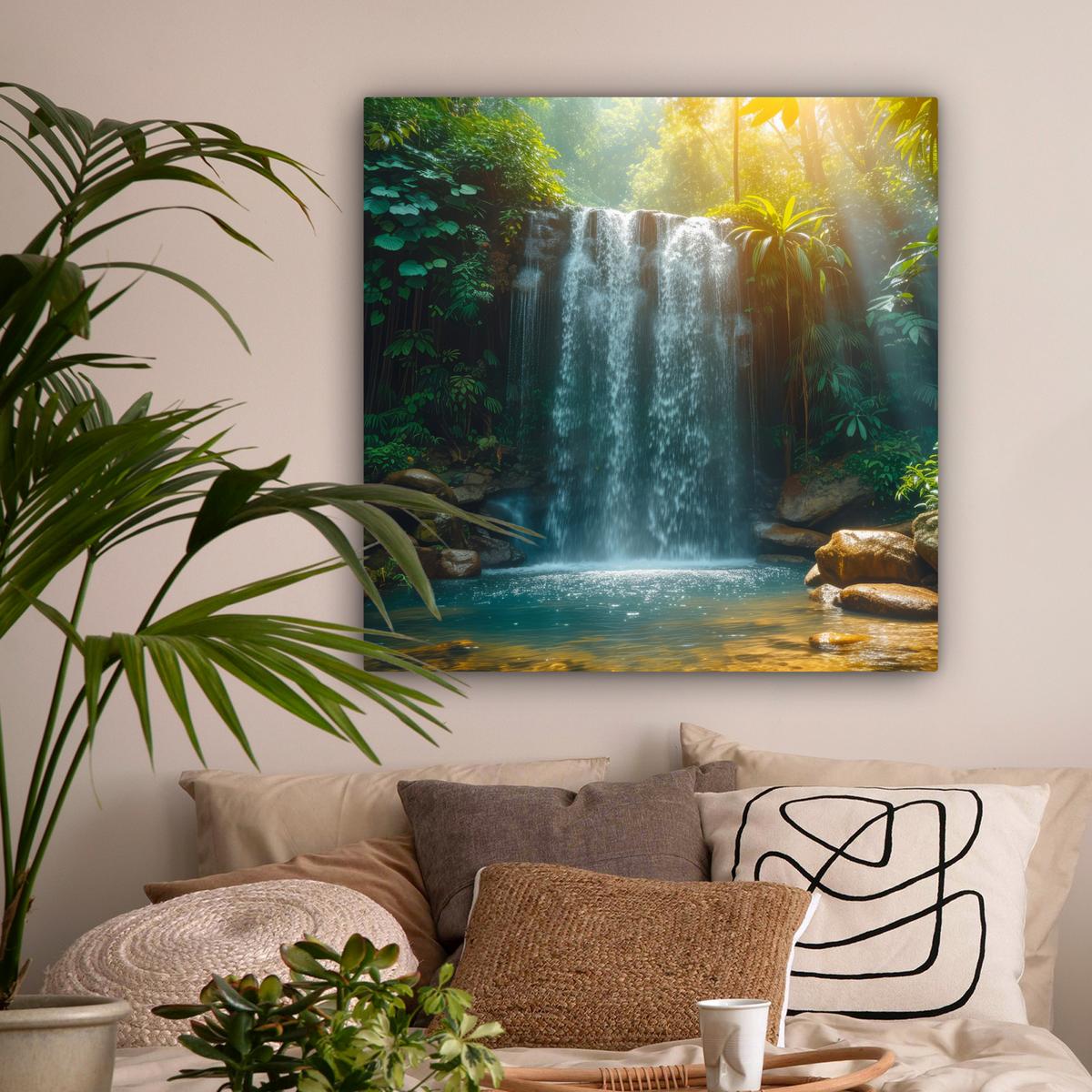 LEINWANDBILD Wasserfall - Dschungel - Sonne - Grün - Natur Deko Groß 90x90 cm - Grün, Textil (90/90cm) - MuchoWow