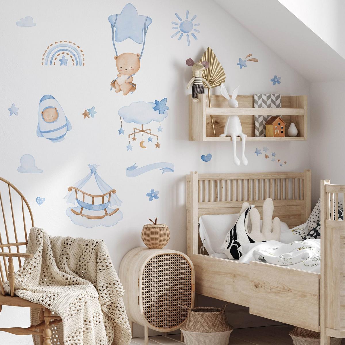 WANDSTICKER Teddybären blaue Wolken Sterne Regenbogen 60x30 - Blau/Beige, Papier (60/30/1cm) - Muralo