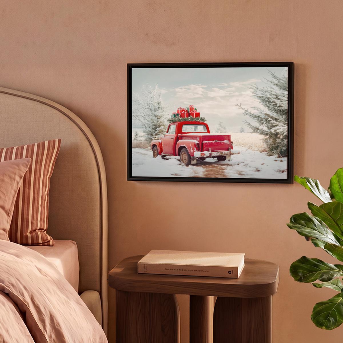 LEINWAND Bilder mit Rahmen - Auto - Rot - Geschenke - Winter - Schnee - Weihnachten - 40x30 - Rot, Textil (40/30cm) - MuchoWow