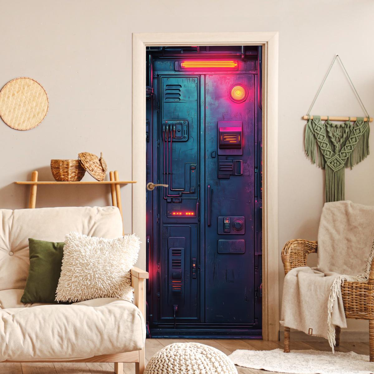 TÜRAUFKLEBER Tür - Futuristisch - Blau - Rosa - Neon Room Decor 85x205 cm - Türtapete - Anthrazit, Kunststoff (85/0.1cm) - MuchoWow