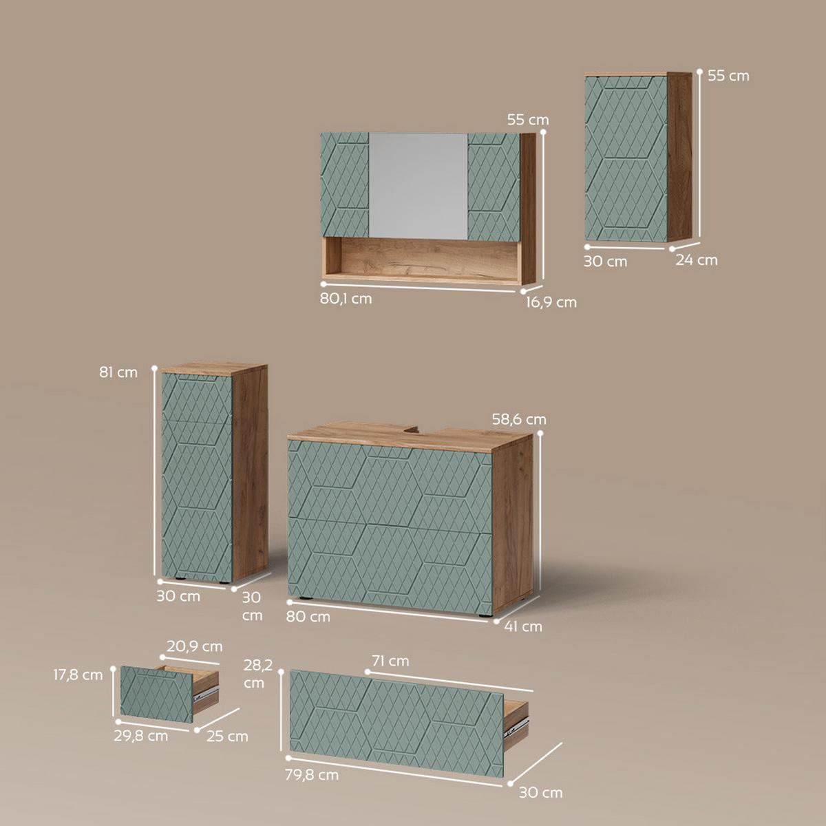 BADMÖBEL-SET Ronco Grün/Goldkraft Eiche 4 Teile - Honigeiche/Grün, Holzwerkstoff (80/58/41cm) - Livinity®