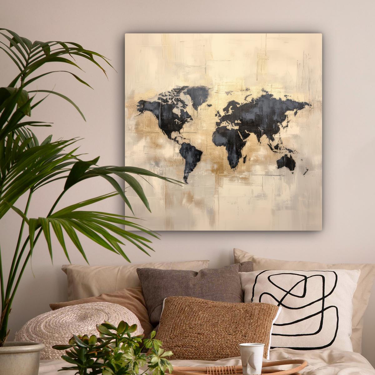 LEINWANDBILD Weltkarte - Gold - Schwarz - Abstrakt Deko Groß 90x90 cm - Kupferfarben, Textil (90/90cm) - MuchoWow
