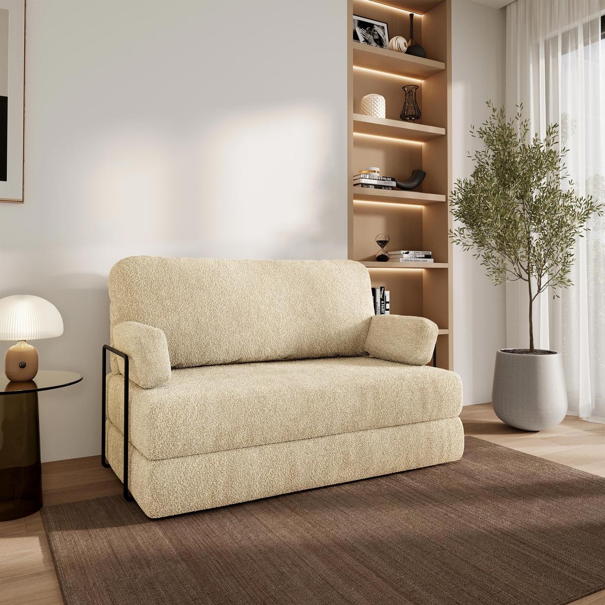 BETTSOFA KESTE aus Schaumstoff Bucle-Stoff Creme Schlaffunktion - Creme, Textil (140/86/60cm) - MASSENO