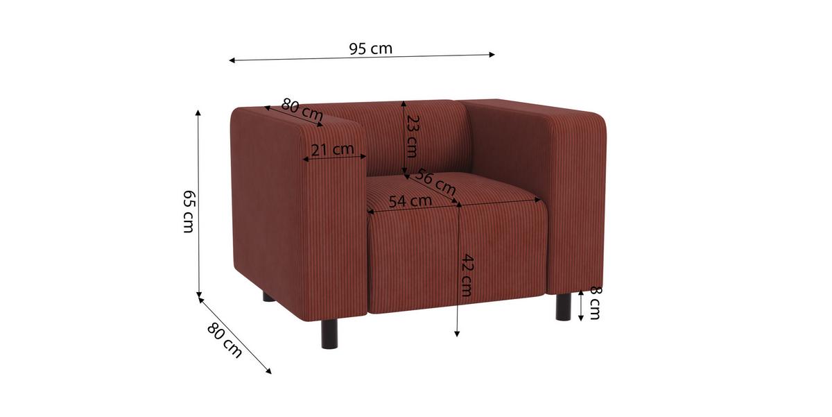 SITZGARNITUR 3+1 Tove Terrakotta Cord - Terracotta/Schwarz, Holz/Kunststoff (175/65/80cm) - S-Style Möbel